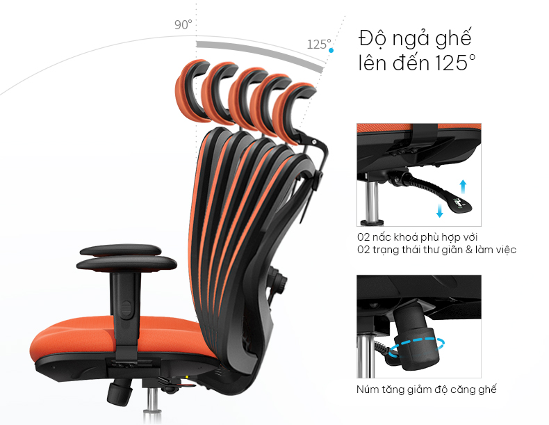 Độ ngả ghế được linh động và có núm điều khiển độ căng khi nghiêng